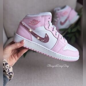 Girls Bling Nike Air Jordan 1 Mid Sneakers Custom With Pink Swarovski Crystals